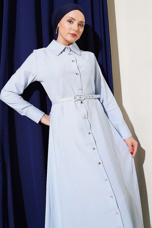 Buttoned Tencel Thin Belted Dress Baby Blue