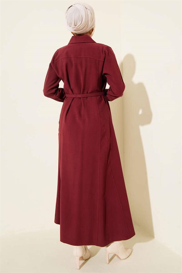 Buttoned Tencel Thin Belted Dress Burgundy