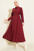 Buttoned Tencel Thin Belted Dress Burgundy
