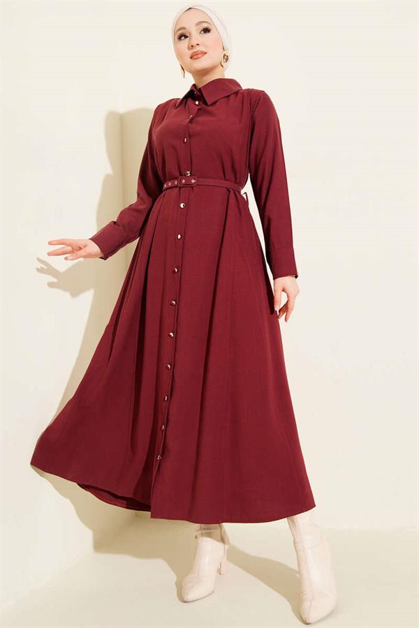 Buttoned Tencel Thin Belted Dress Burgundy