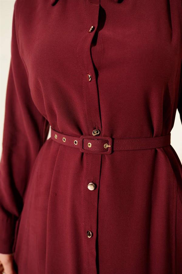 Buttoned Tencel Thin Belted Dress Burgundy