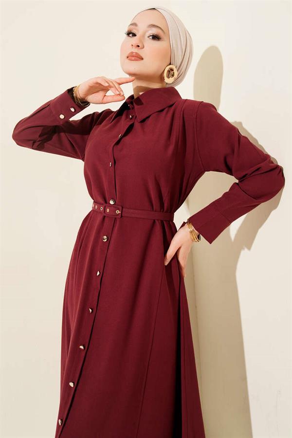 Buttoned Tencel Thin Belted Dress Burgundy