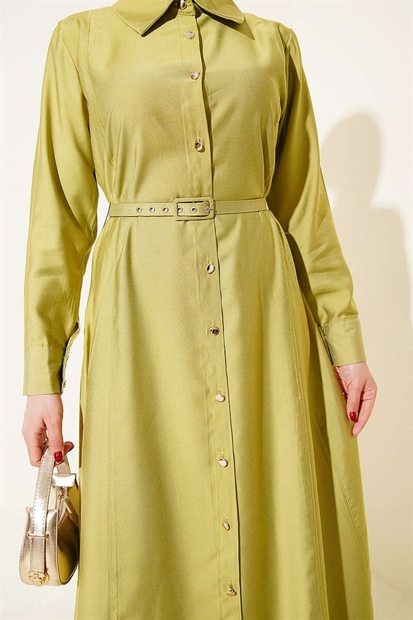 Buttoned Tencel Thin Belted Dress Pistachio Green