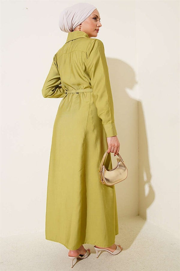 Buttoned Tencel Thin Belted Dress Pistachio Green