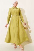 Buttoned Tencel Thin Belted Dress Pistachio Green