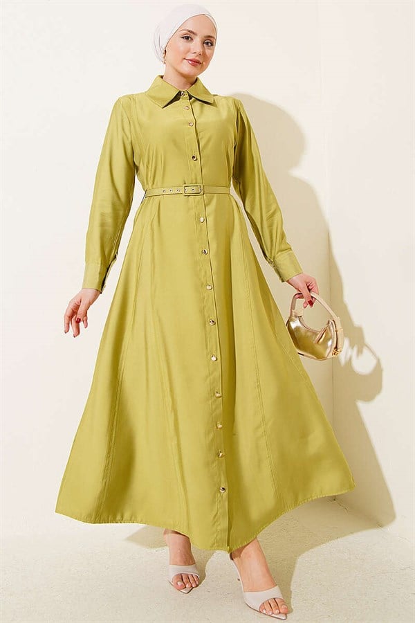 Buttoned Tencel Thin Belted Dress Pistachio Green