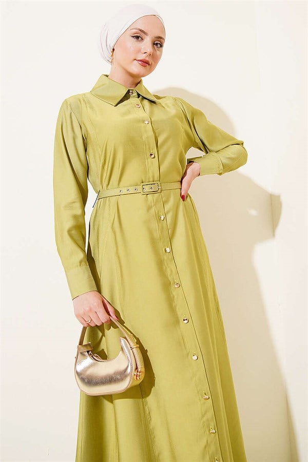 Buttoned Tencel Thin Belted Dress Pistachio Green