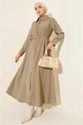 Buttoned Tencel Thin Belted Dress Khaki