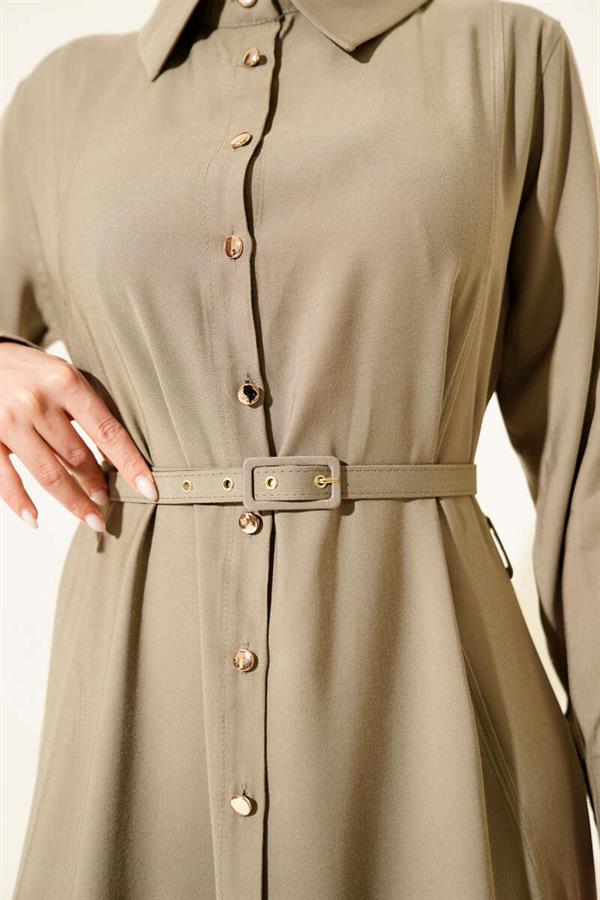 Buttoned Tencel Thin Belted Dress Khaki