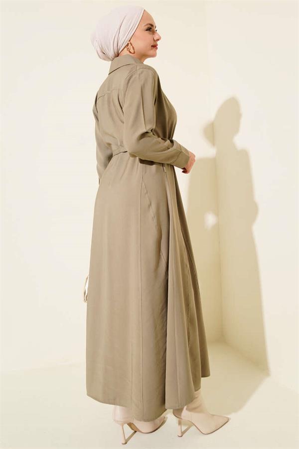 Buttoned Tencel Thin Belted Dress Khaki