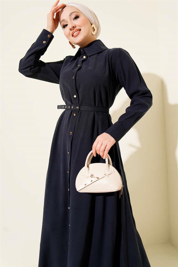 Buttoned Tencel Dress with Thin Belt, Navy Blue
