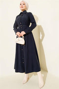 Buttoned Tencel Dress with Thin Belt, Navy Blue