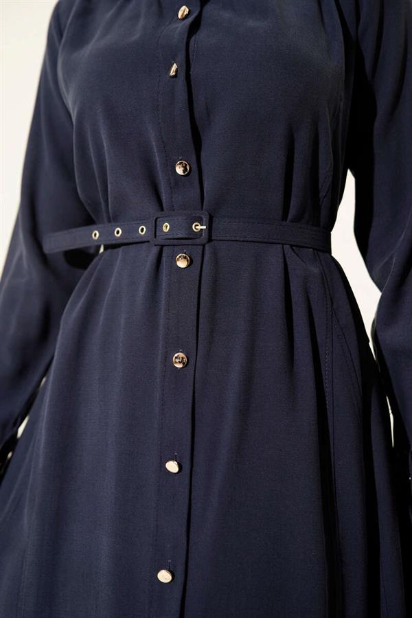 Buttoned Tencel Dress with Thin Belt, Navy Blue