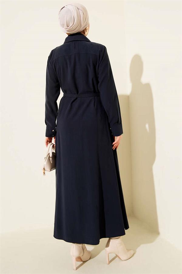 Buttoned Tencel Dress with Thin Belt, Navy Blue