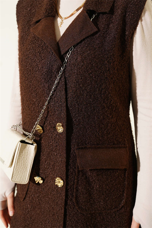Buttoned Long Bouclé Vest, Coffee