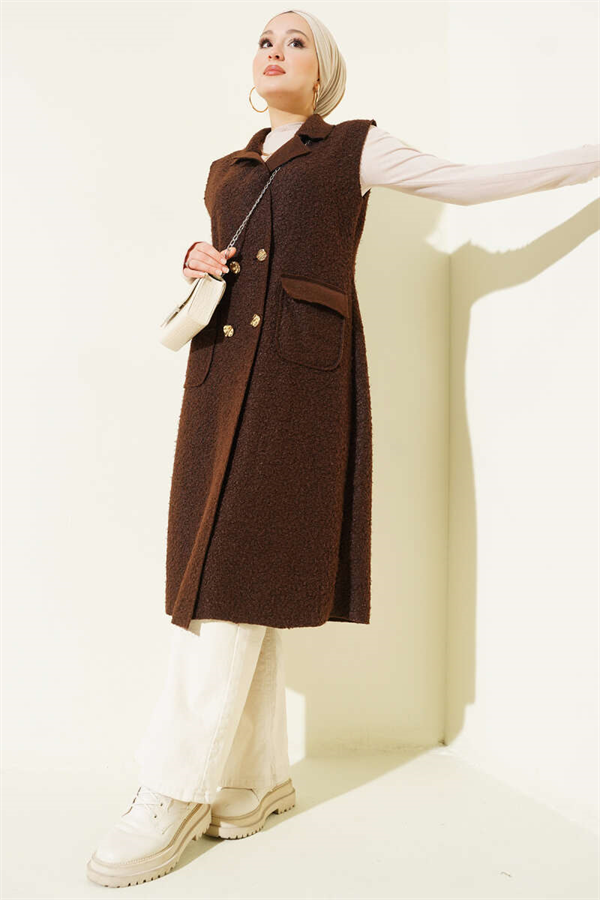 Buttoned Long Bouclé Vest, Coffee