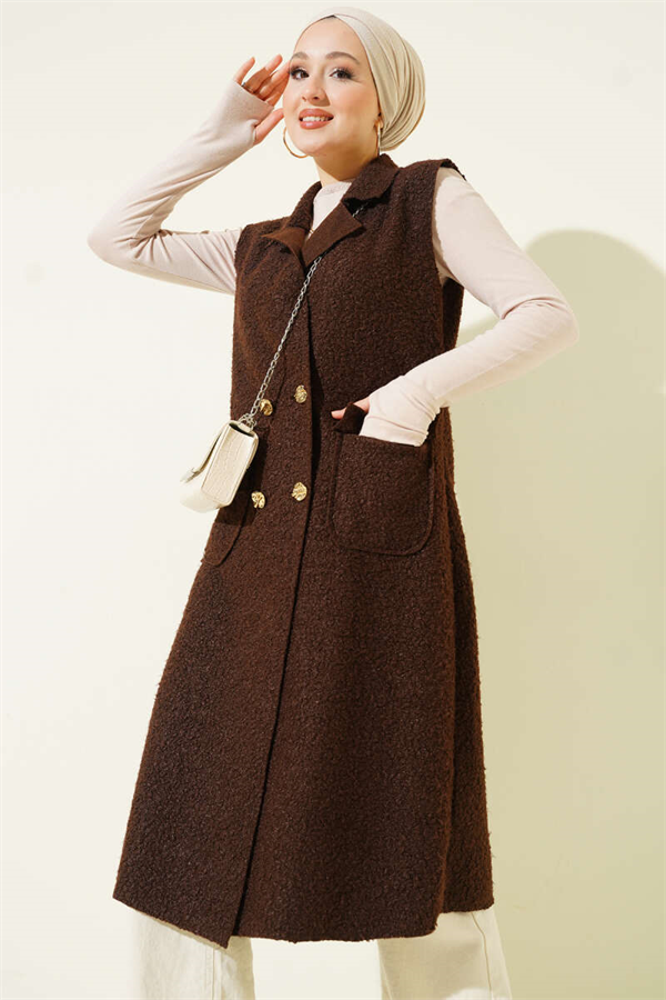 Buttoned Long Bouclé Vest, Coffee