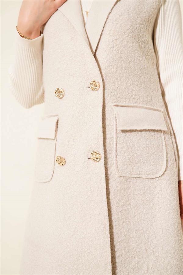 Buttoned Long Boucle Vest Stone