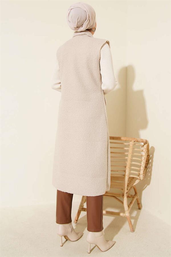 Buttoned Long Boucle Vest Stone