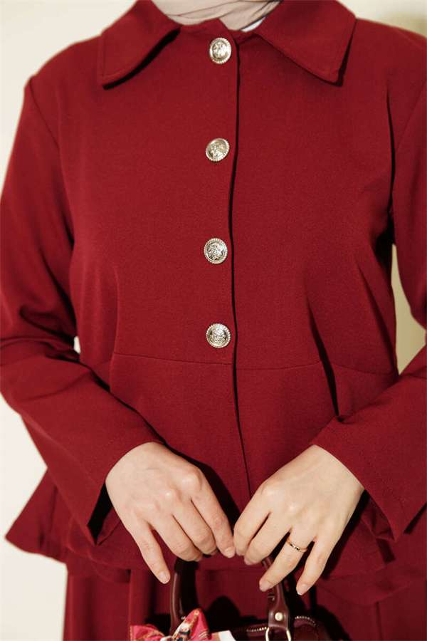Buttoned Ruffled Blouse and Skirt 2 Piece Set in Burgundy