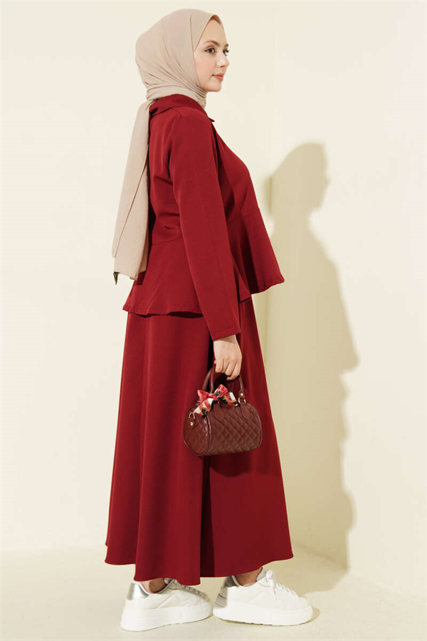 Buttoned Ruffled Blouse and Skirt 2 Piece Set in Burgundy