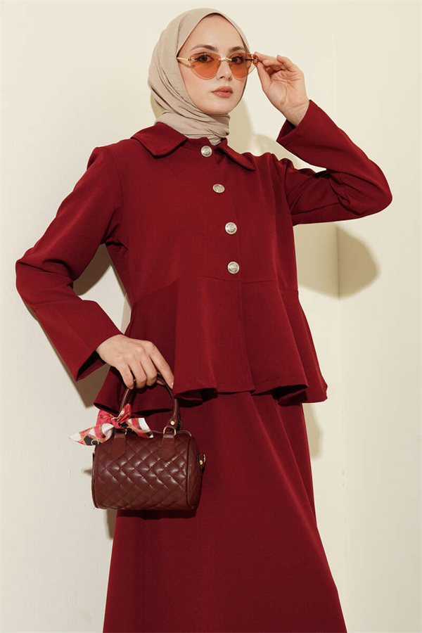 Buttoned Ruffled Blouse and Skirt 2 Piece Set in Burgundy