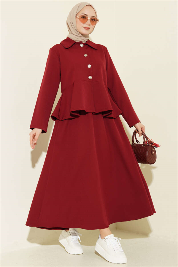 Buttoned Ruffled Blouse and Skirt 2 Piece Set in Burgundy