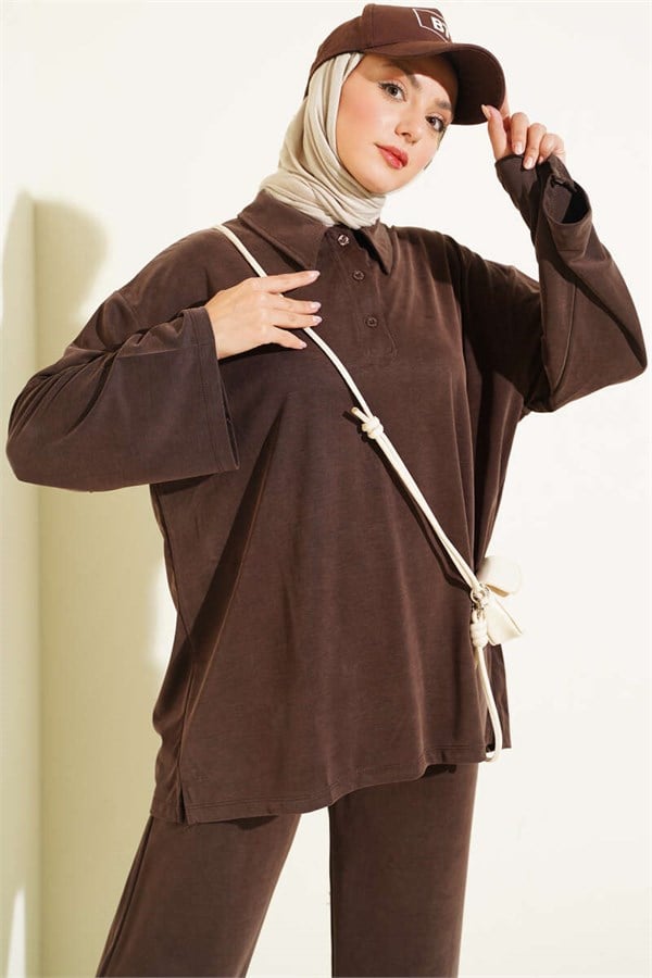 Button-down Collar Tencel 2 Piece Set in Coffee