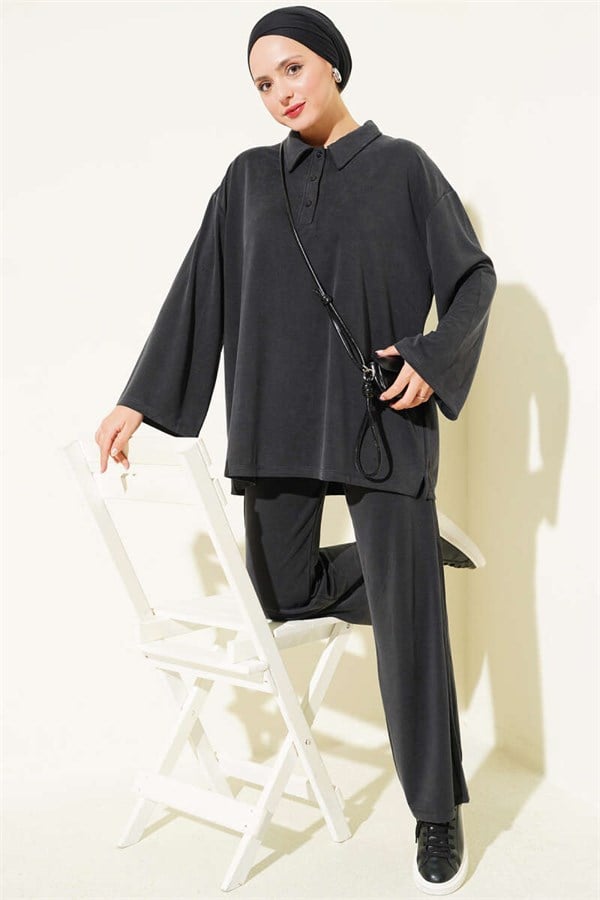 Button-Down Collar Tencel 2 Piece Set, Black