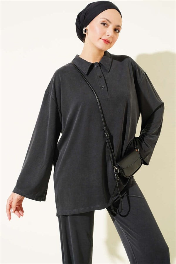 Button-Down Collar Tencel 2 Piece Set, Black