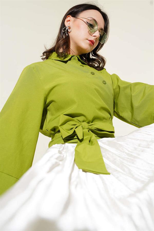 Buttoned Side Tie Short Shirt Pistachio Green