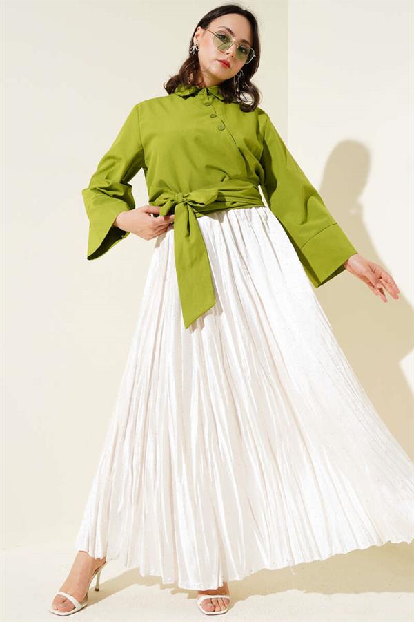 Buttoned Side Tie Short Shirt Pistachio Green
