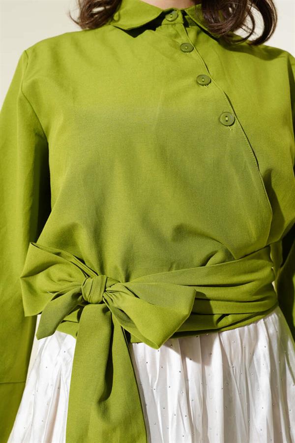 Buttoned Side Tie Short Shirt Pistachio Green