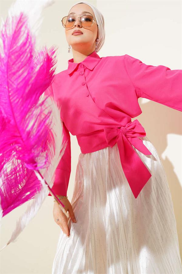 Buttoned Side Tie Short Shirt Fuchsia