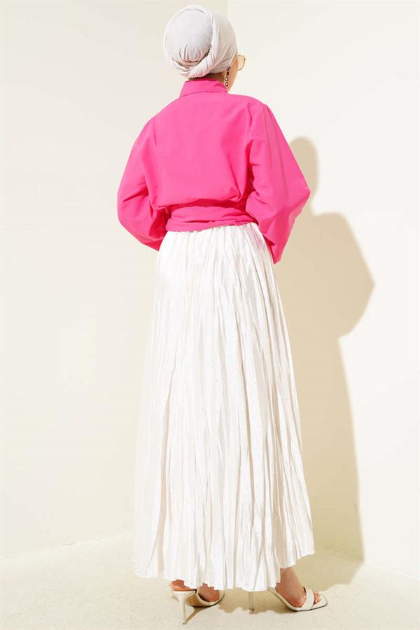 Buttoned Side Tie Short Shirt Fuchsia