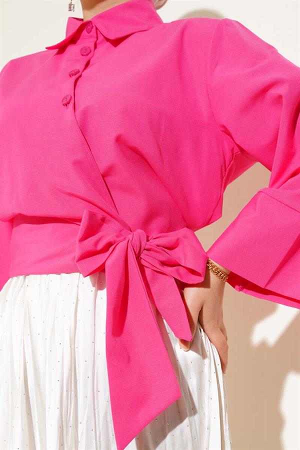 Buttoned Side Tie Short Shirt Fuchsia