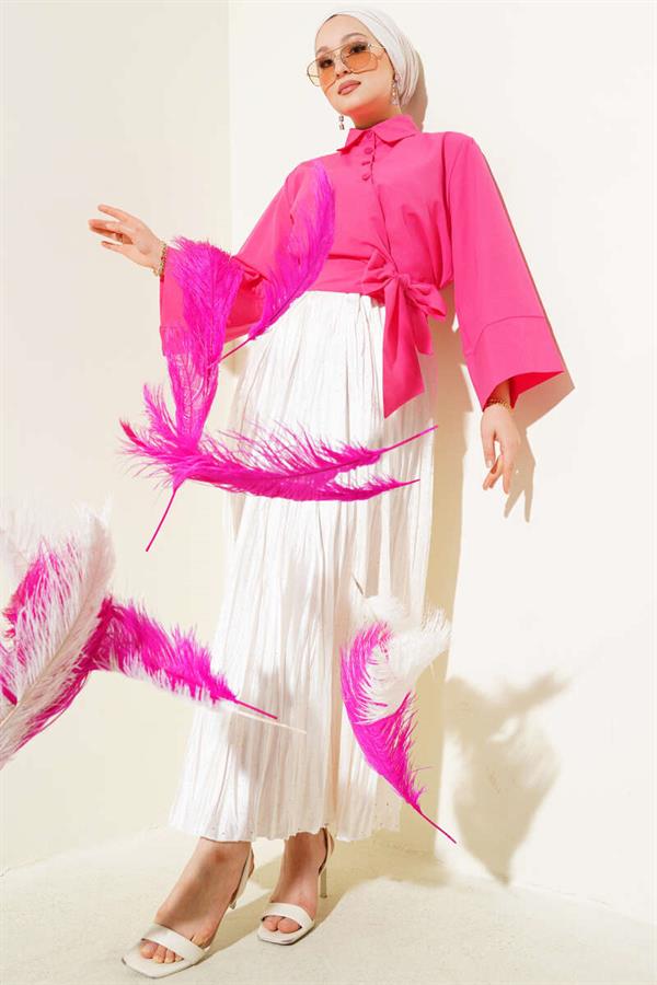 Buttoned Side Tie Short Shirt Fuchsia