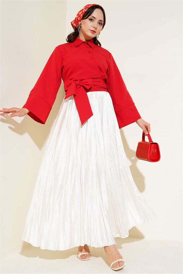 Buttoned Side Tie Short Shirt Red