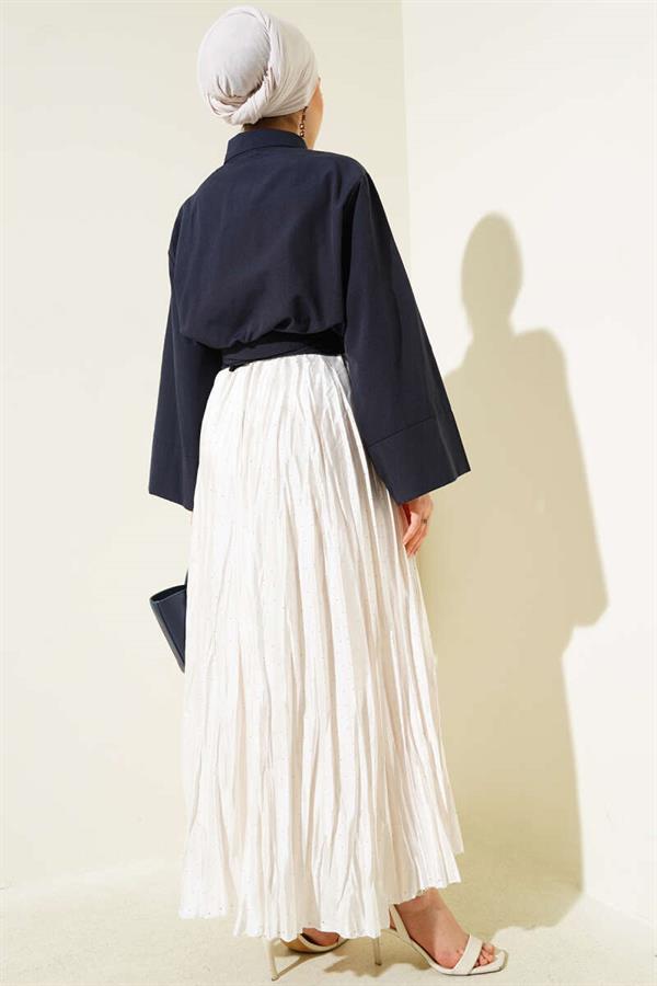 Buttoned Side Tie Short Shirt Navy Blue
