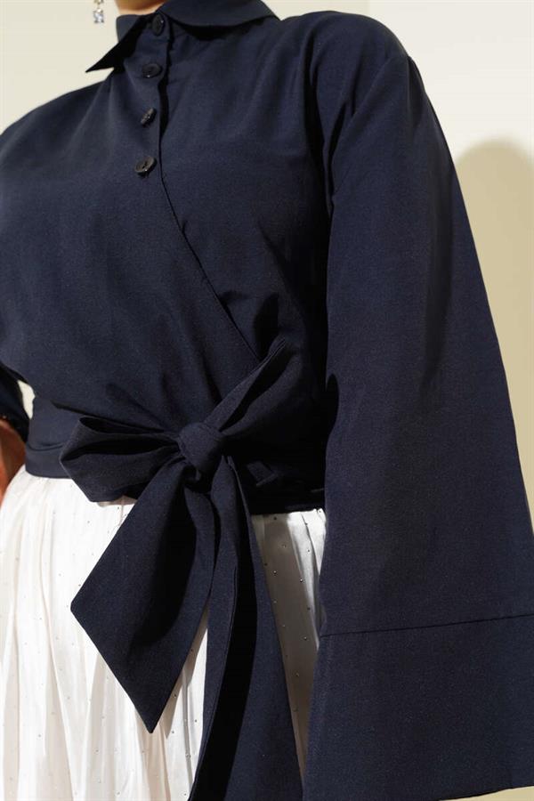 Buttoned Side Tie Short Shirt Navy Blue