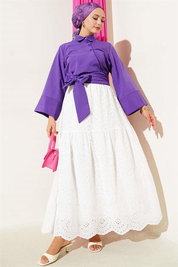 Buttoned Side Tie Short Shirt Purple