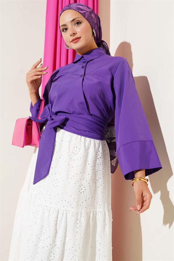 Buttoned Side Tie Short Shirt Purple