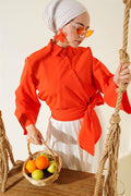 Buttoned Side Tie Short Shirt Orange