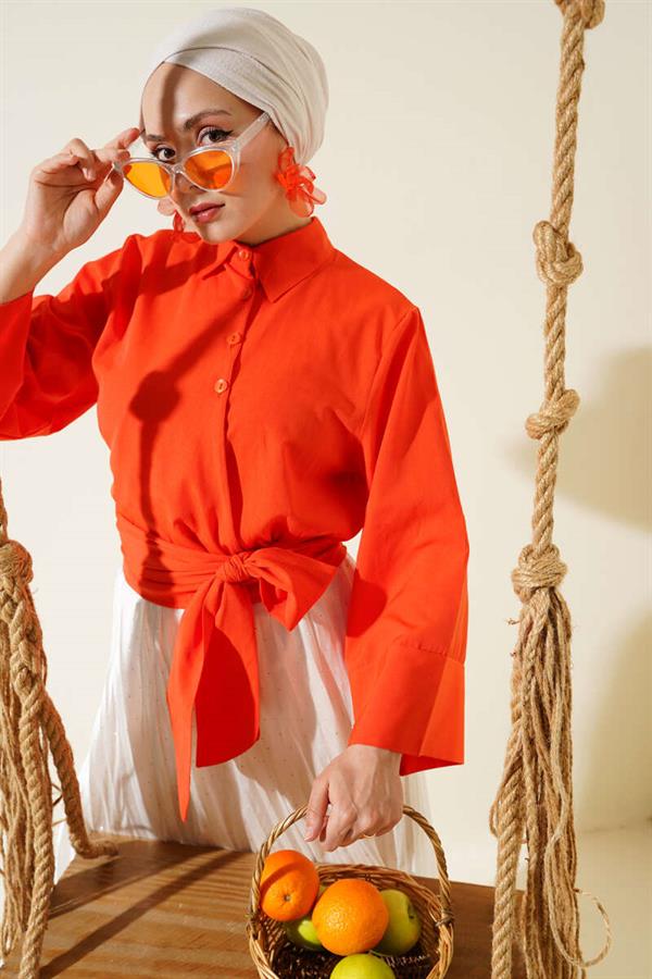 Buttoned Side Tie Short Shirt Orange
