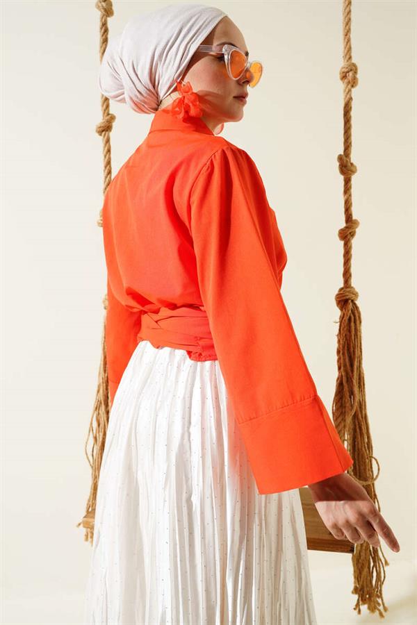 Buttoned Side Tie Short Shirt Orange
