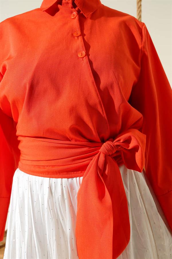 Buttoned Side Tie Short Shirt Orange