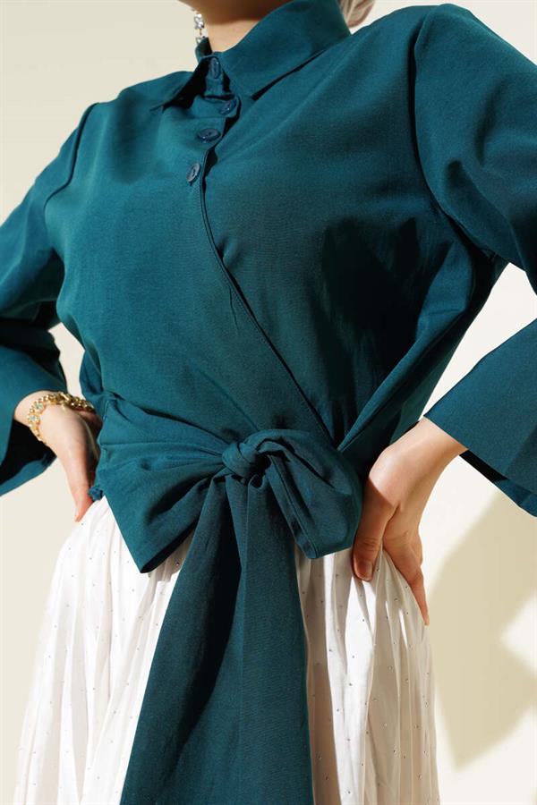 Buttoned Side Tie Short Shirt Petrol