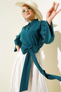 Buttoned Side Tie Short Shirt Petrol
