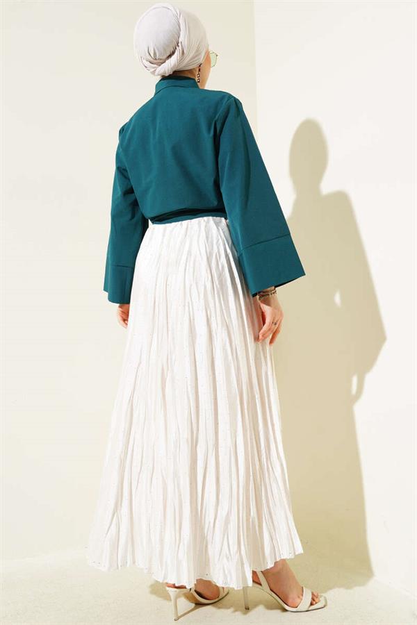 Buttoned Side Tie Short Shirt Petrol