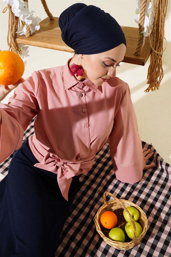 Buttoned Side Tie Short Shirt Powder